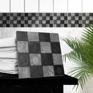 Rustic Black and White Wood Square Mosaic Art Tile