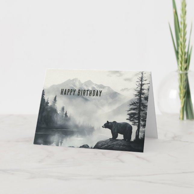 Rustic Black Bear Mountain Lake Happy Birthday Card (Front)