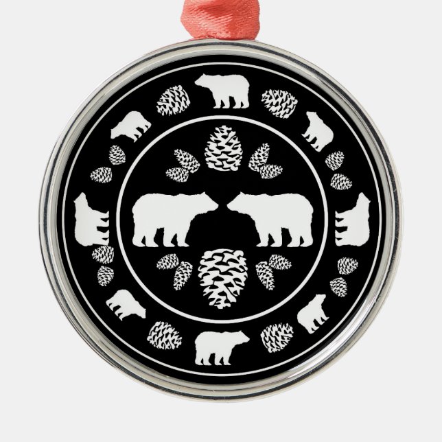 Rustic black bear pinecone round ornament (Front)