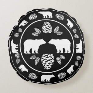 Rustic black bear pinecone round pillow