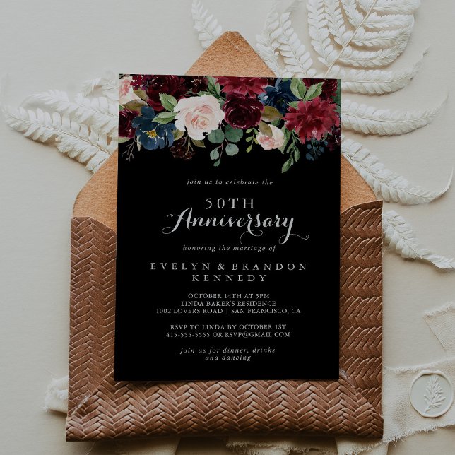Rustic Black Botanical 50th Wedding Anniversary Invitation (Creator Uploaded)