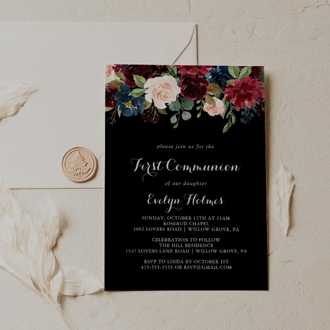 Rustic Black Botanical First Communion  Invitation (Creator Uploaded)
