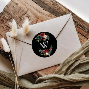 Rustic Black Botanical Monogram Wedding Envelope Classic Round Sticker