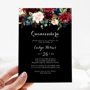 Rustic Black Botanical Quinceañera  Invitation