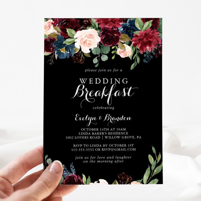Rustic Black Botanical Wedding Breakfast Invitation (Creator Uploaded)