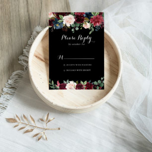 Rustic Black Botanical Wedding RSVP Card