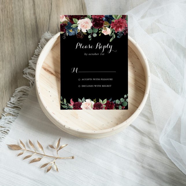 Rustic Black Botanical Wedding RSVP Card (Creator Uploaded)