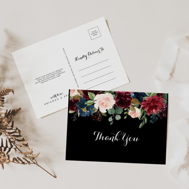 Rustic Black Botanical Wedding Thank You  Postcard (Creator Uploaded)