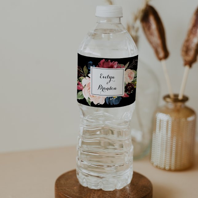 Rustic Black Botanical Wedding  Water Bottle Label (Creator Uploaded)