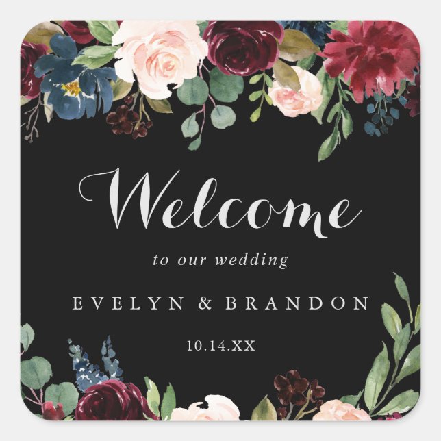Rustic Black Botanical Wedding Welcome Square Sticker (Front)