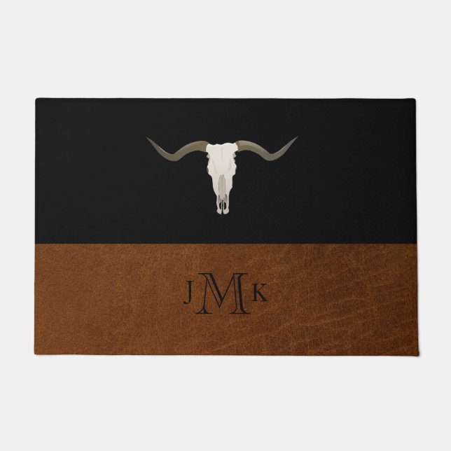 Rustic Black & Brown Leather Image Antler Monogram Doormat (Front)