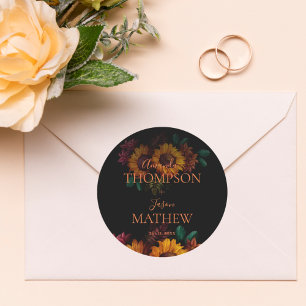 Rustic Black Burnt Orange Pretty Floral Wedding Classic Round Sticker