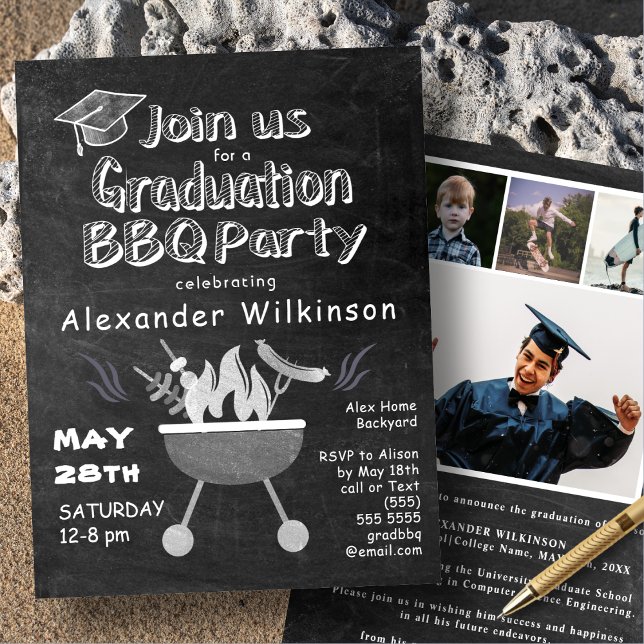 Rustic Black Chalkboard 4 Photo Fun Graduation BBQ Invitation (Creator Uploaded)