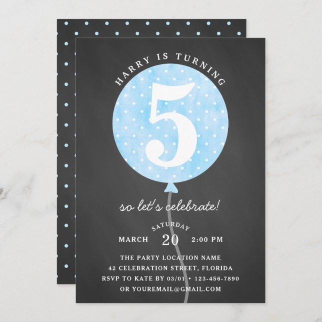 Rustic Black Chalkboard Blue Balloon Boy Birthday Invitation (Front/Back)