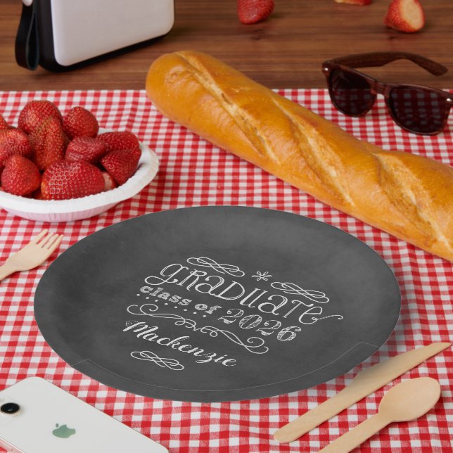 Rustic Black Chalkboard Custom 2025 Graduate Name Paper Plate (Picnic)