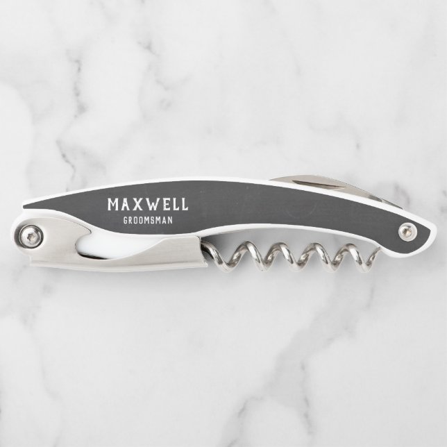 Rustic Black Chalkboard Groomsman Name Corkscrew (Front)