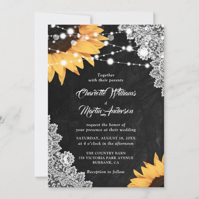 Rustic Black Chalkboard Lace Sunflower Wedding Invitation (Front)