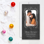 Rustic Black Chalkboard Merry Christmas Photo Holiday Card<br><div class="desc">Send your Christmas wishes with a whimsical and chic holiday photo card. A festive hand-drawn white chalk doodle border with stars and snowflakes frames your vertical photo.  Includes a black board style background.</div>