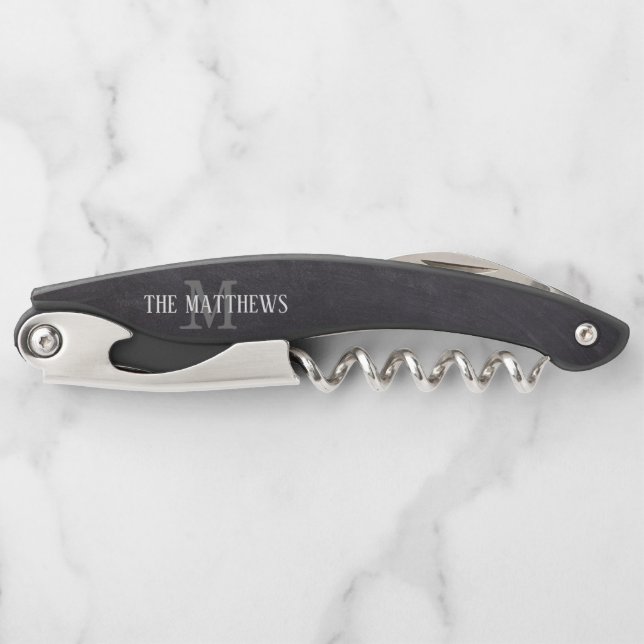 Rustic Black Chalkboard Monogrammed Name Custom Corkscrew (Front)