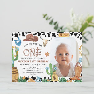 Rustic Black Cow Print Cowboy Rodeo 1st Birthday Invitation