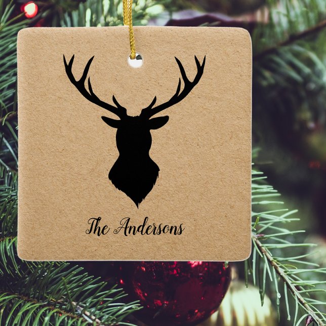 Rustic Black Deer | Kraft | Family Name Ceramic Ornament (Creator Uploaded)