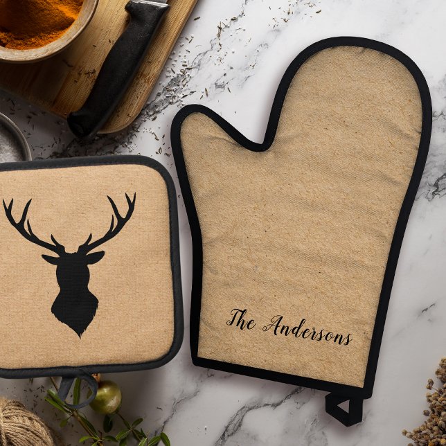 Rustic Black Deer | Kraft | Family Name Oven Mitt & Pot Holder Set (Creator Uploaded)