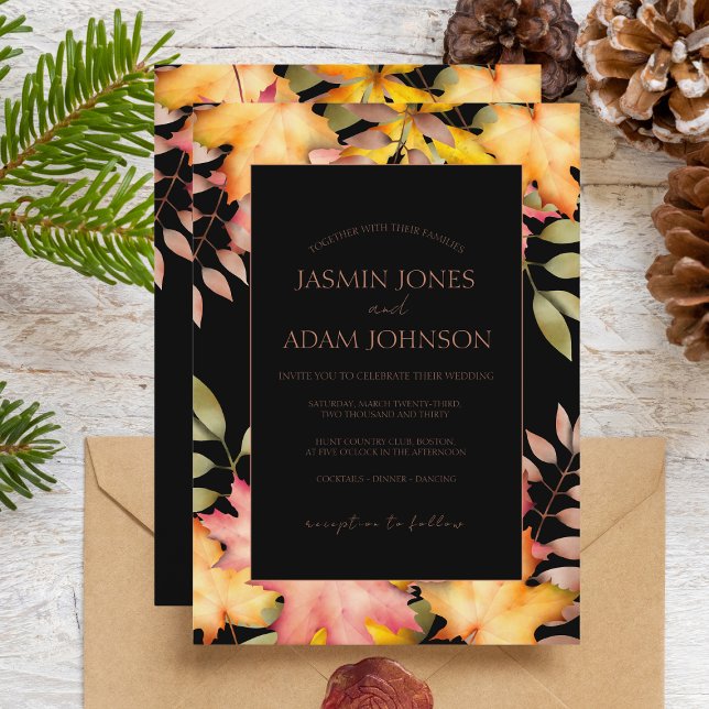 Rustic Black Fall Autumn Leaves Wedding Invitation (Creator Uploaded)