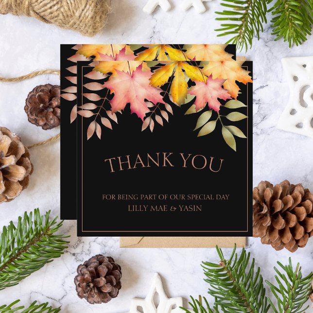 Rustic Black Fall Autumn Leaves Wedding Thank You Card (Creator Uploaded)