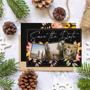 Rustic Black Fall Leaves Three Photo Wedding Save The Date