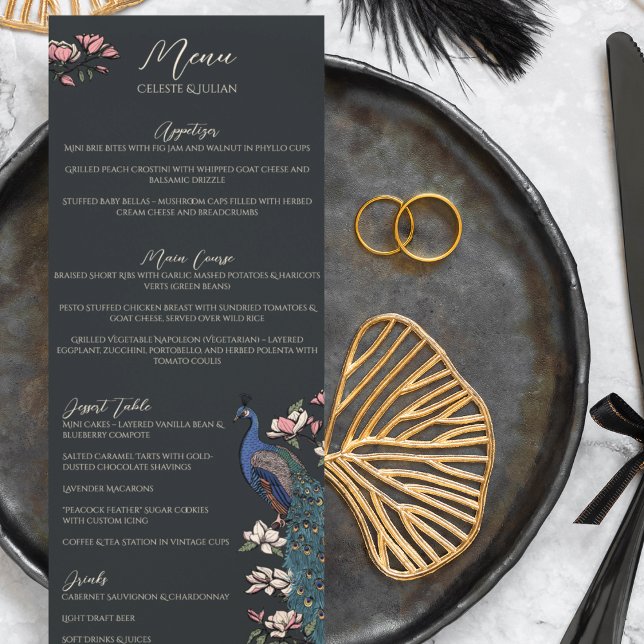 Rustic Black Floral Peacock Bird Wedding Menu (Rustic Elegant Black Peacock Chinoiserie Wedding Menu for Wedding, Bridal Shower, Rehearsal Dinner.)
