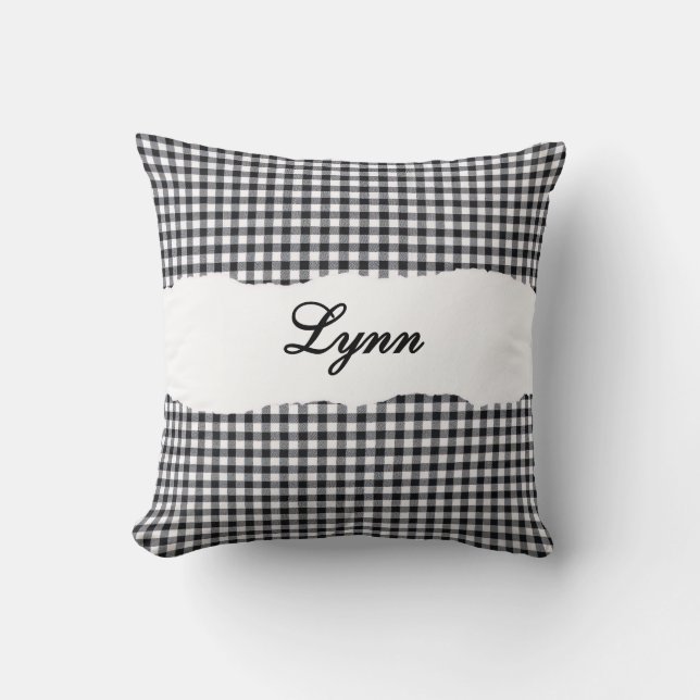 Rustic Black Gingham Personalized Name Cushion (Front)