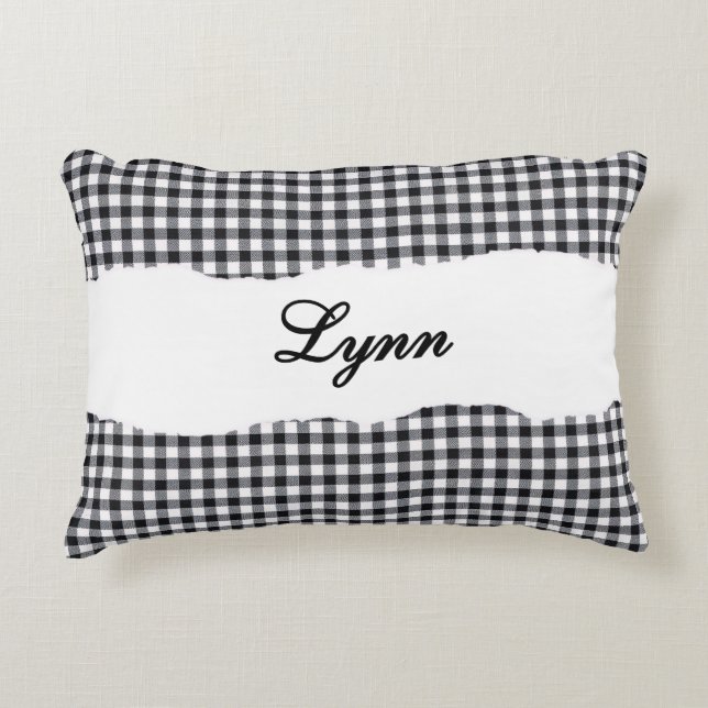 Rustic Black Gingham Personalized Name Decorative Cushion (Front)