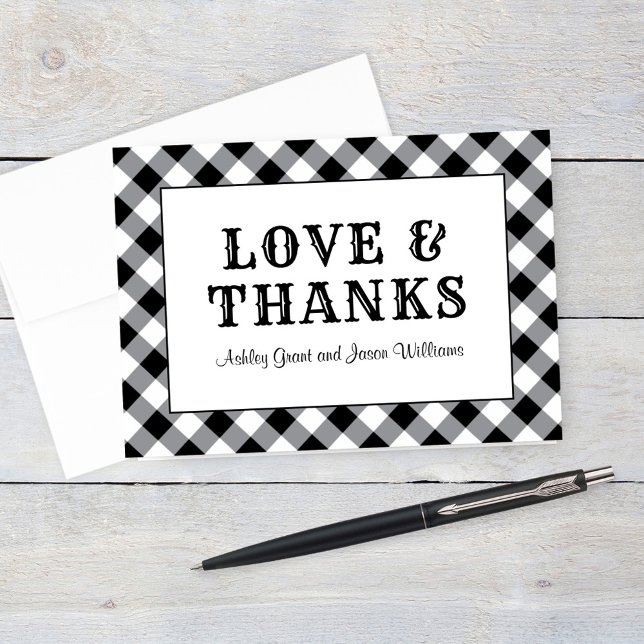 Rustic Black Gingham Plaid Wedding Monogram Thank You Card (Creator Uploaded)
