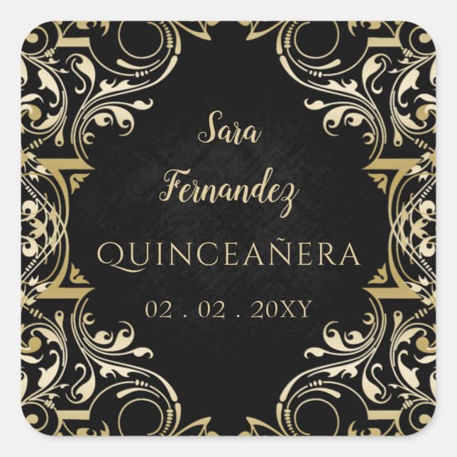 Rustic Black Gold Elegant Quinceanera Square Sticker (Front)