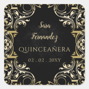 Rustic Black Gold Elegant Quinceanera Square Sticker