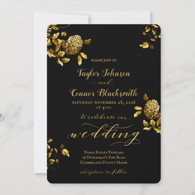 Rustic Black Gold Floral Calligraphy Wedding Invitation (Front)
