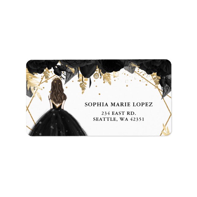 Rustic Black Gold Floral Princess Quinceanera Label (Front)