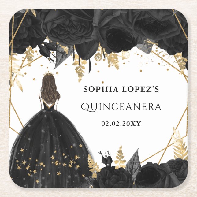 Rustic Black Gold Floral Princess Quinceanera  Square Paper Coaster (Front)