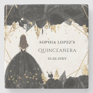 Rustic Black Gold Floral Princess Quinceanera Stone Coaster