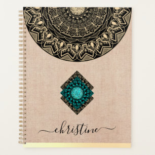 Rustic black gold mandala beige burlap name planner
