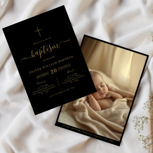Rustic Black & Gold Photo Gender Neutral Baptism Invitation