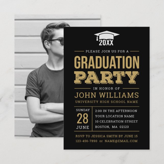 Rustic Black Gold Photo Graduation Party Invitation (Front/Back)