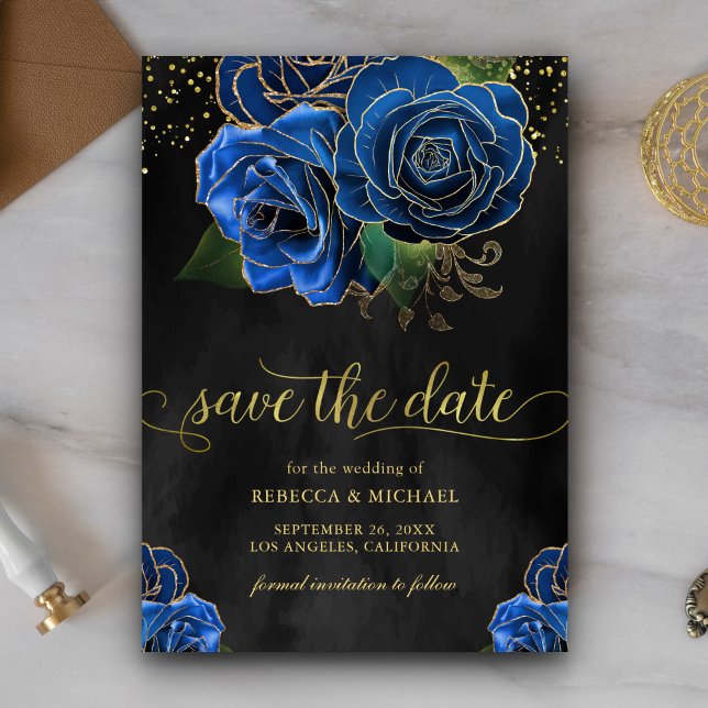 Rustic Black Gold Royal Blue Floral Wedding Save The Date (Creator Uploaded)