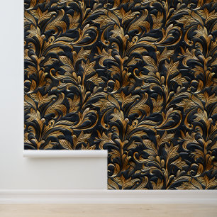 Rustic black gold tooled leather wallpaper