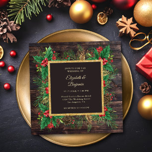 Rustic Black Gold Wood Greenery Christmas Wedding Invitation
