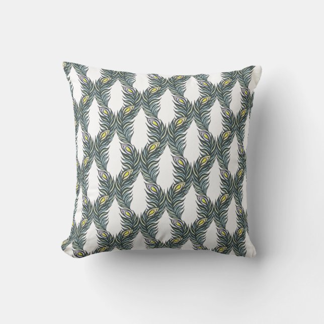 Rustic black, green and white Peacock feathers Cushion (Front)