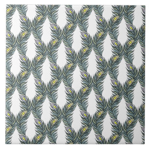 Rustic black, green and white Peacock feathers Tile