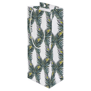 Rustic black, green and white Peacock feathers Wine Gift Bag