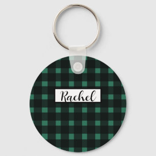 Rustic Black Green Gingham Pattern Key Ring