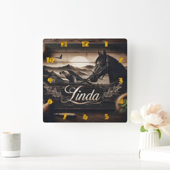 Rustic Black Horse Portrait at Sunset Landscape Square Wall Clock (Home)